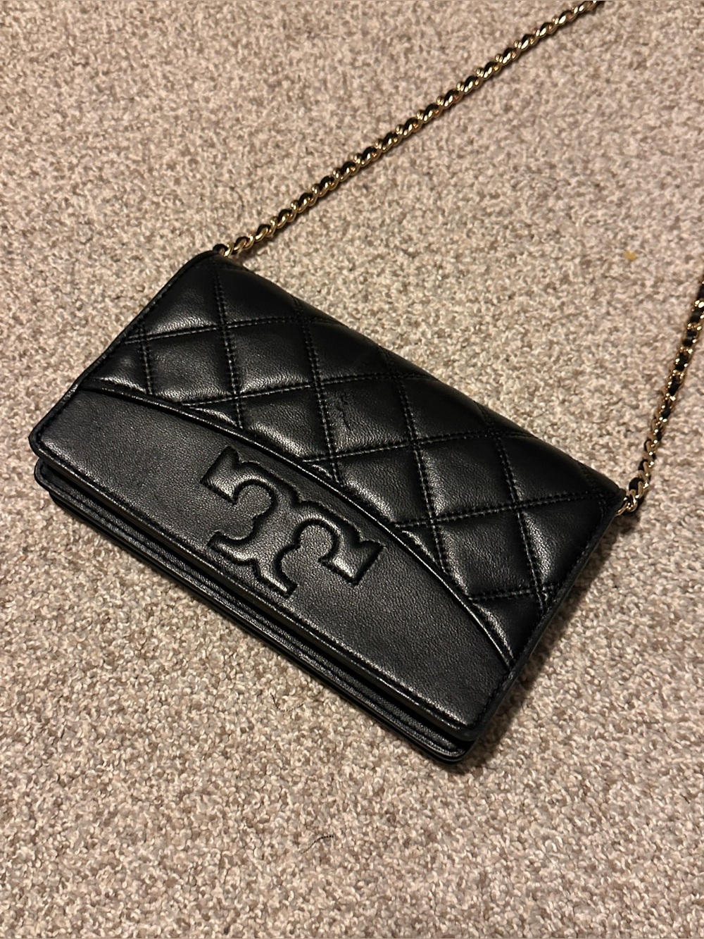 Tory Burch Black Quilted Leather Crossbody with Gold Chain